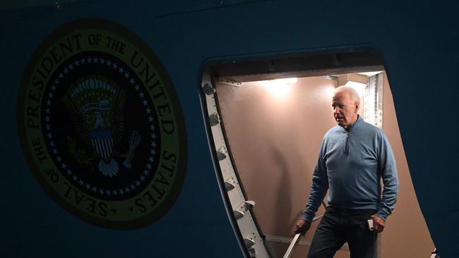 US President Joe Biden disembarks from Air Force One at Joint Base Andrews in Maryland yesterday. Picture: AFP