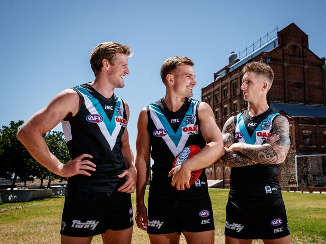 Port Adelaide's Leadership Group Co-Captains Tom Jonas and Ollie Wines with deputy Hamish Hartlett at Harts Mill, Port Adelaide. Picture Matt Turner