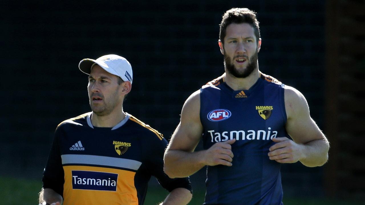 James Frawley ran laps during THE CLOSED Hawthorn Training Session held at Waverley Park in Melbourne on Tuesday 21st April, 2015. Picture: Mark Dadswell