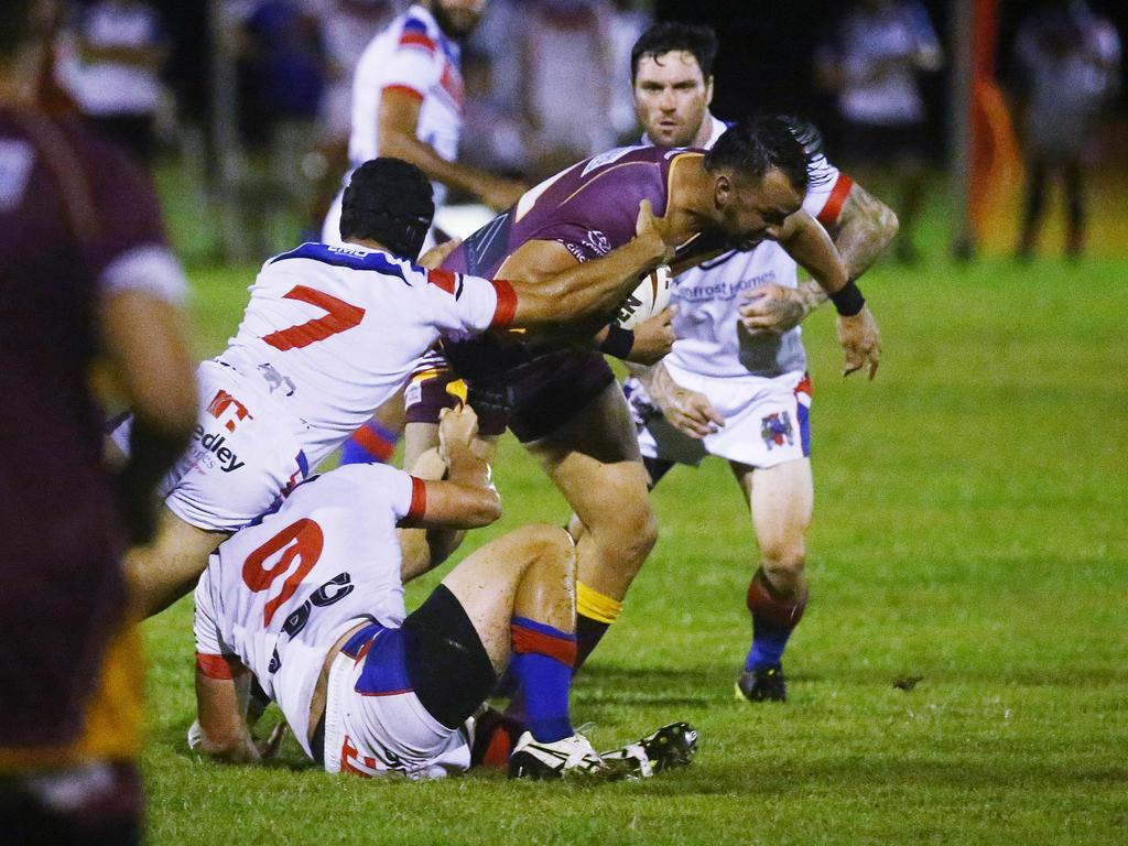 Cockatoos fullback Cephas Chinfat makes metres straight through the middle in the Cairns and District Rugby League (CDRL) match between the Ivanhoe Knights and the Southern Suburbs Cockatoos, held at Smithfield. Picture: Brendan Radke