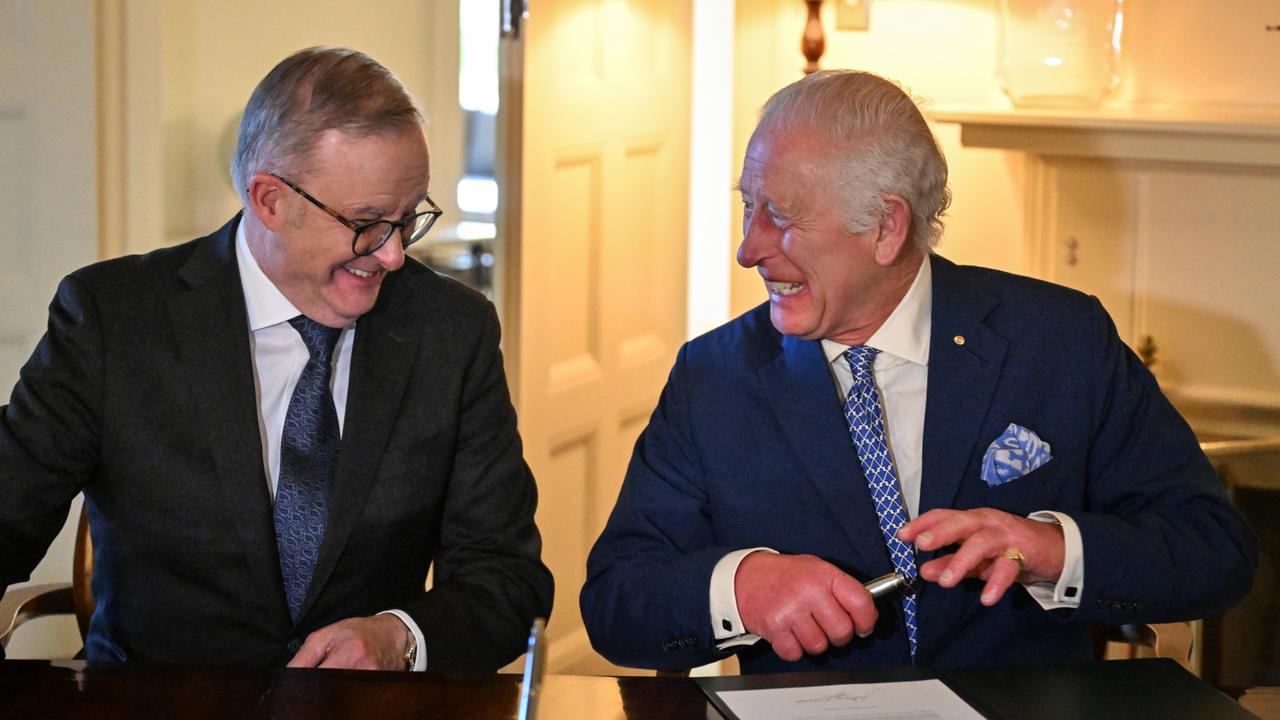 Prime Minister Anthony Albanese and King Charles sign royal warrants granting the Great Seal of Australia at Government House in Canberra. Picture NewsWire / Pool / Saeed Khan