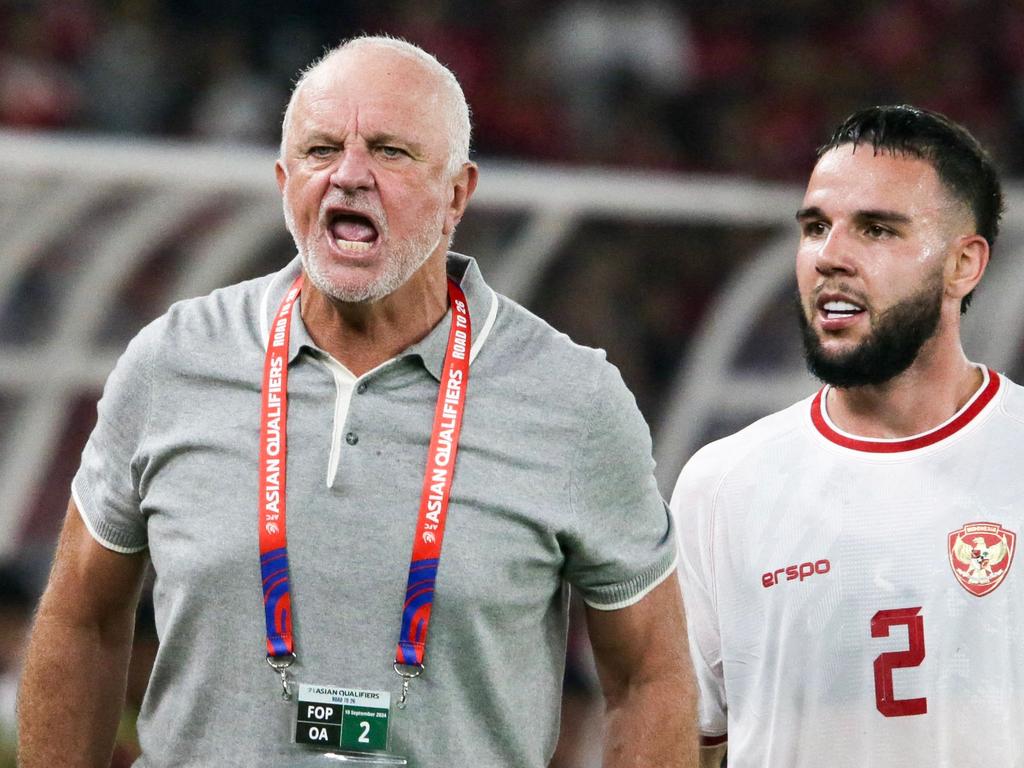 Socceroos coach Graham Arnold cut a frustrated figure on the sidelines. Picture: Aditya Aji/AFP