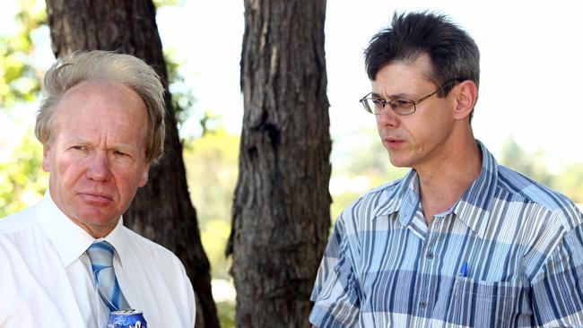 Peter Beattie and Mike Kaiser at the announcement for planning approval of the Tugan Bypass in 2005. Picture: Adam Head