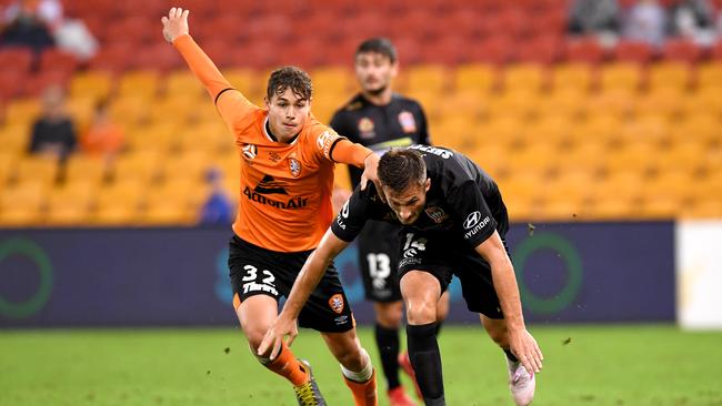 Zach Duncan, left, challenges Kaine Sheppard of the Jets in an A-League match last month. Picture: Getty Images