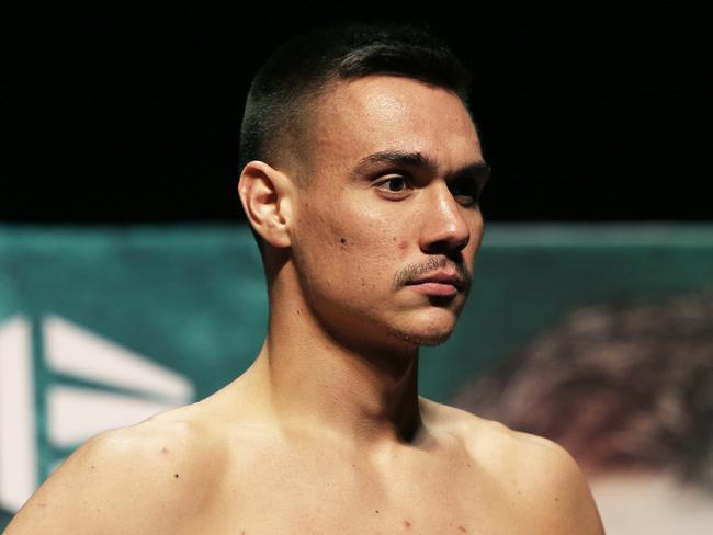 NEWCASTLE, AUSTRALIA - NewsWire Photos - March 30, 2021.TIm Tszyu waits for the weigh in. Tim Tszyu and Dennis Hogan face off and officially weigh in at Newcastle Civic Theatre ahead of tomorrow night's Steel City Boxing Showdown at Newcastle Entertainment Centre.   Picture: NCA NewsWire / Peter Lorimer.