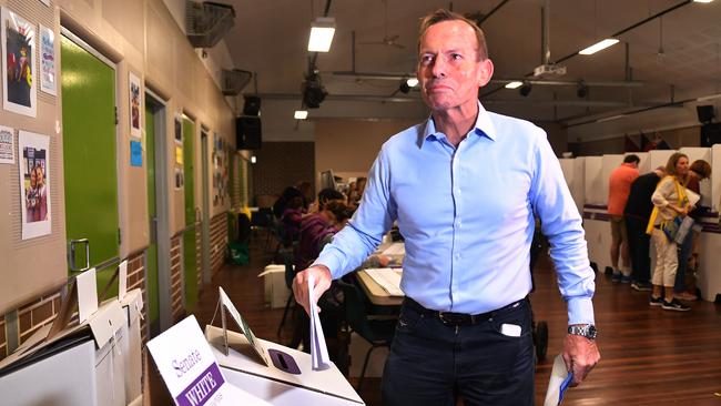 Former prime minister and member for Warringah Tony Abbott votes at Forestville Public School. Picture: AAP