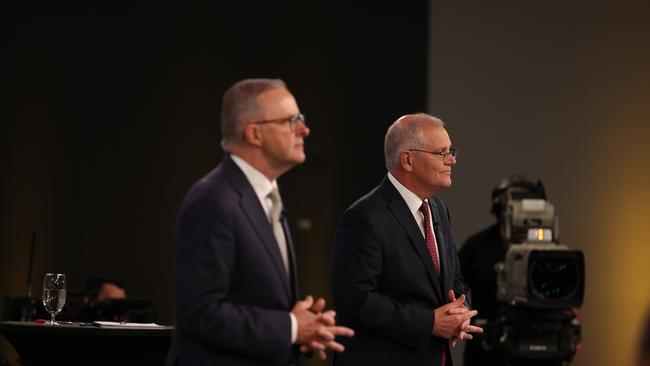 Leader of the Opposition Anthony Albanese and Prime Minister Scott Morrison at the first leaders' debate of the 2022 federal election campaign.