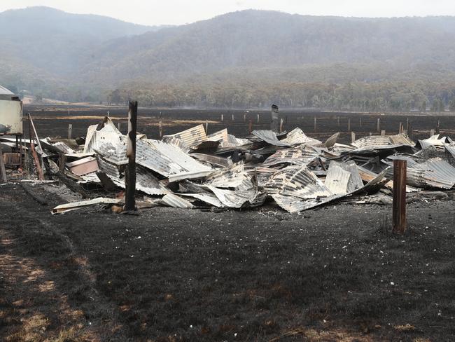 A burnt out shed in the bushfire area north of Beaufort. Picture: David Crosling