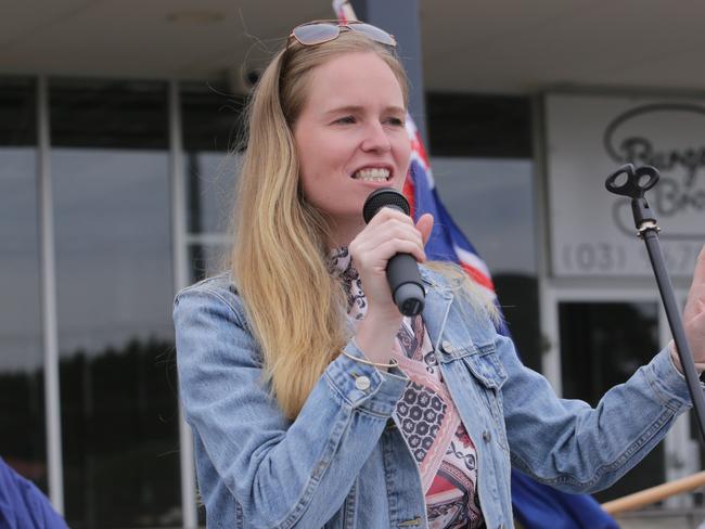 Monica Smit speaks at an anti-vaccination protest held at a Federal Health Minister Greg Hunt’s office. Picture: NCA NewsWire / Wayne Taylor