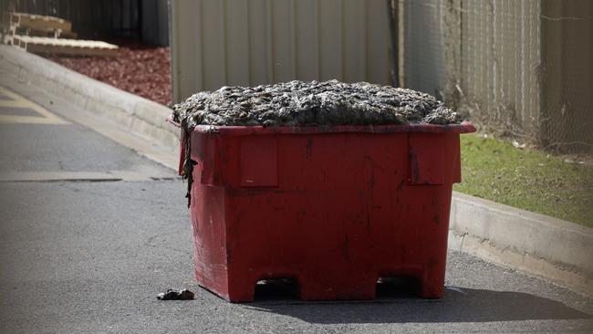 An Offal bin left outside the Ingham’s factory as strikes roll on. Picture: NCA NewsWIRE / Emma Brasier