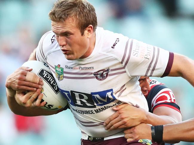 SYDNEY, AUSTRALIA - MAY 06:  Jake Trbojevic  of the Sea Eagles is tackled during the round nine NRL match between the Sydney Roosters and the Manly Warringah Sea Eagles at Allianz Stadium on May 6, 2018 in Sydney, Australia.  (Photo by Matt King/Getty Images)