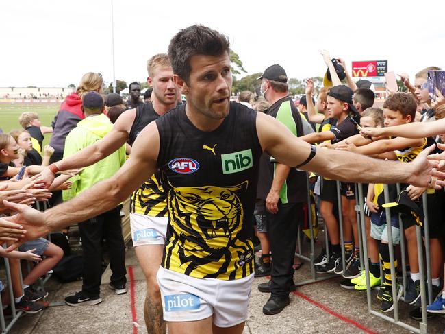 DEVONPORT, AUSTRALIA - MARCH 05: Trent Cotchin of the Tigers leaves the field after a win during the 2022 AFL Community Series match between the Hawthorn Hawks and the Richmond Tigers at Devonport Oval on March 5, 2022 In Devonport, Australia. (Photo by Dylan Burns/AFL Photos via Getty Images)