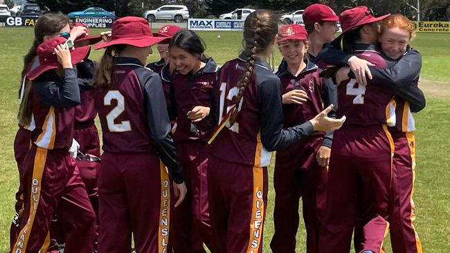 The Queensland team celebrate winning the School Sports Australia cricket titles for girls in 12 and under. Picture: Shane Jones.