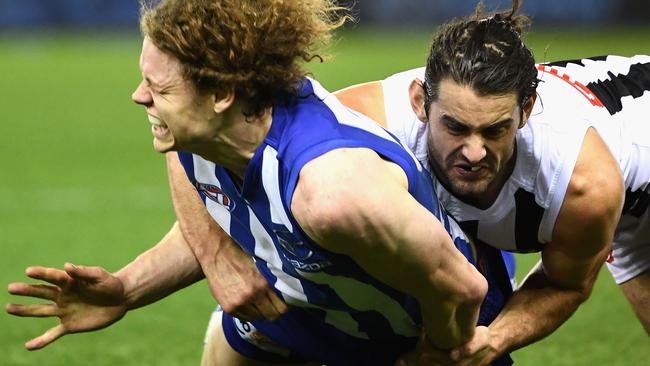 Brodie Grundy copped a two-match ban for this tackle on Ben Brown. Picture: Getty