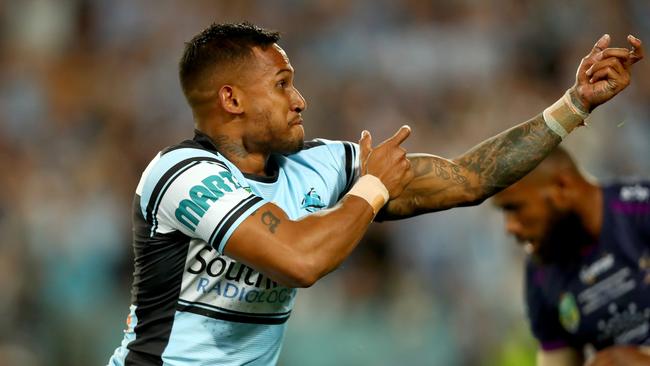 Ben Barba celebrates scoring a try during the 2016 NRL final. Picture: Gregg Porteous