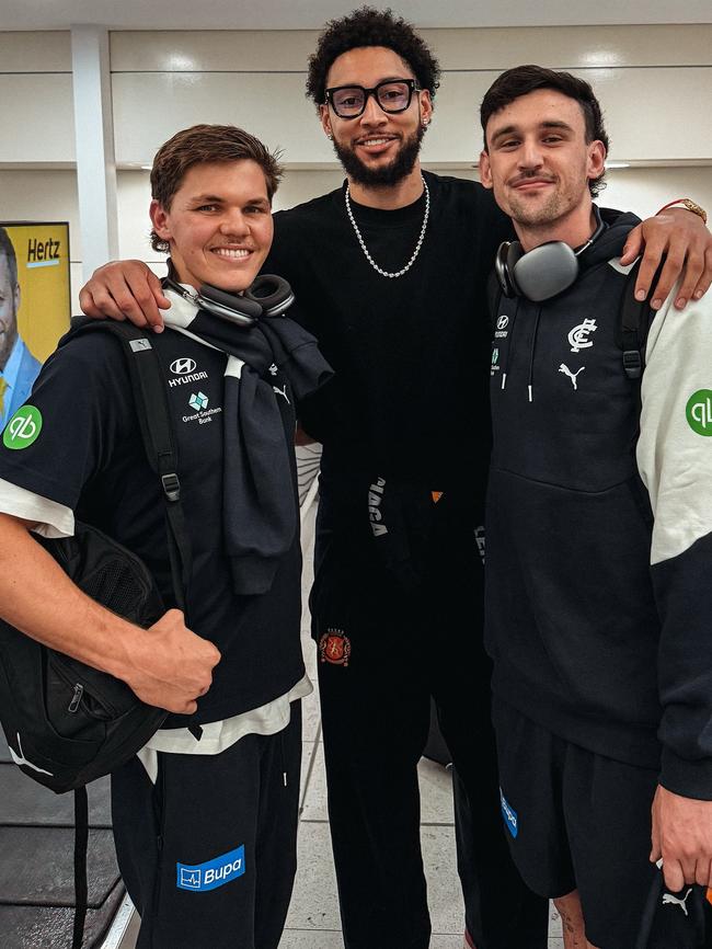 Carlton reserve player, Cooper Hamilton and Liam McMahon meet Ben Simmons (middle) at the airport recently. Picture: Instagram