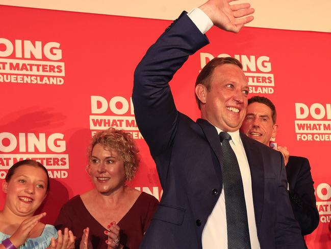 Premier Steven Miles with his wife Kim and daughter Bridie 10, Grace Grace, Cameron Dick and Shannon Fentiman as he holds his party launch at the North Lakes Community Centre. Pics Adam Head