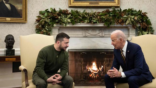 US President Joe Biden and Ukraine's President Volodymyr Zelensky meet in the Oval Office of the White House. Picture: Brendan Smialowski / AFP