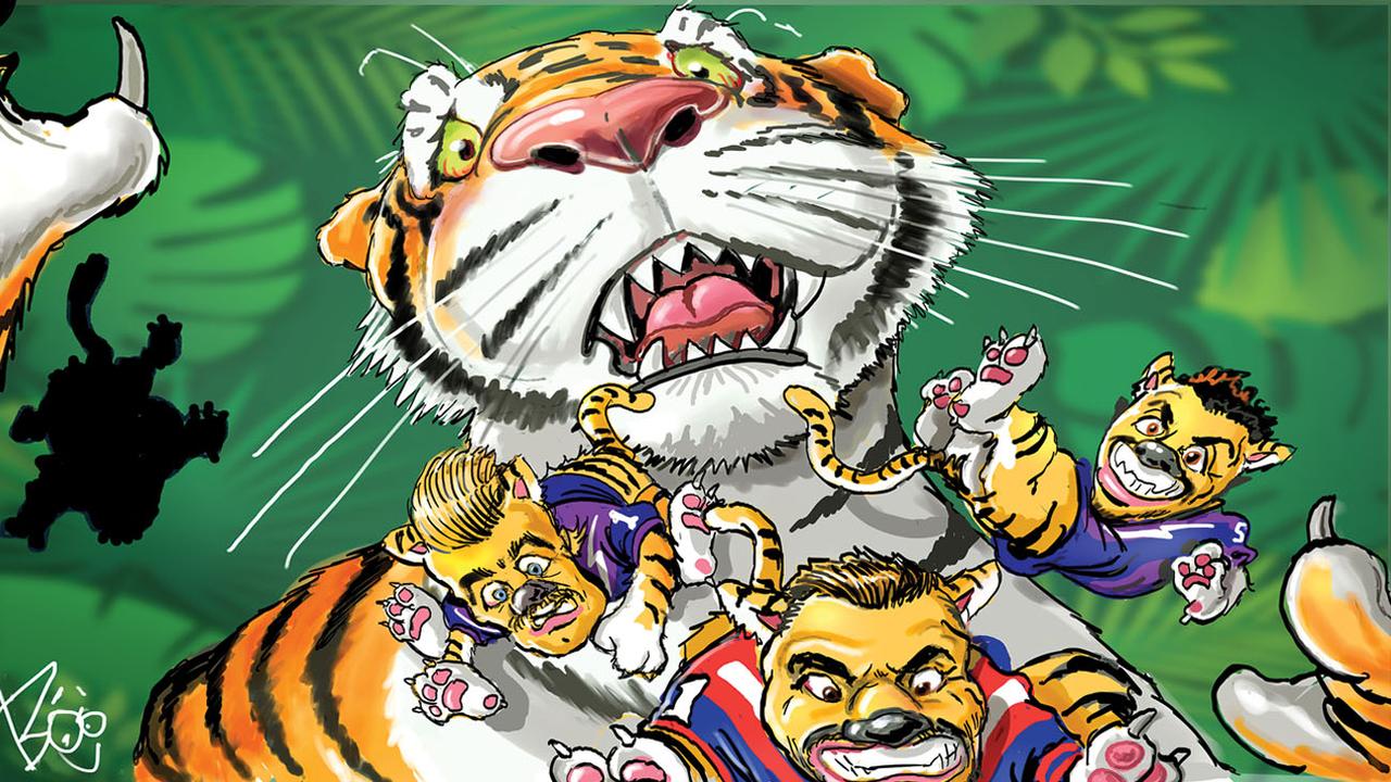 While many clubs have made blunders, the Tigers are kings of the NRL’s Hall of Fame for recruitment stuff ups. Artwork by Boo Bailey.