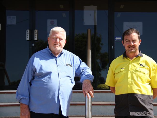 Gladstone Business Centre's Managing Directors Garry and Phil Douglass outside their carbon neutral premises on Manning Street, South Gladstone. Picture: Rodney Stevens