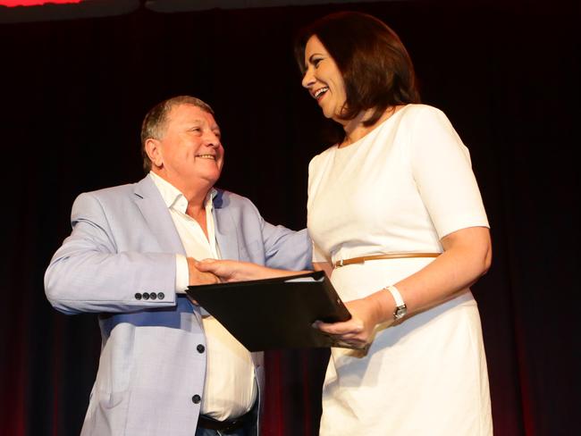 Former Brisbane Lord Mayor Jim Soorley and Premier Annastacia Palaszczuk at the Campaign Launch for Rod Harding. Pic Darren England.