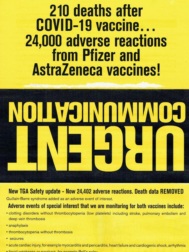 The anti-vaccination leaflet being dropping Hobart mailboxes.