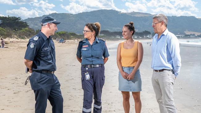 Hero Brianna Hurst joins Acting Senior Sergeant Stephen Bull, Life Saving Victoria’s Paul Shannon, and paramedic Jo O'Connor Ward. Picture: Brad Fleet