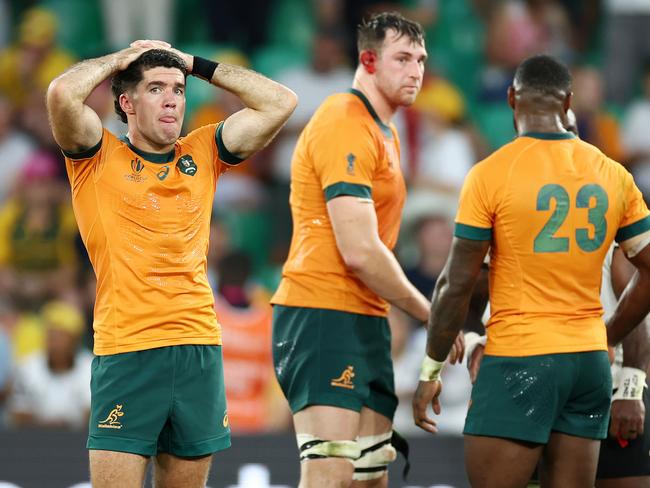 SAINT-ETIENNE, FRANCE - SEPTEMBER 17: Ben Donaldson of Australia looks dejected at full-time following the Rugby World Cup France 2023 match between Australia and Fiji at Stade Geoffroy-Guichard on September 17, 2023 in Saint-Etienne, France. (Photo by Chris Hyde/Getty Images)