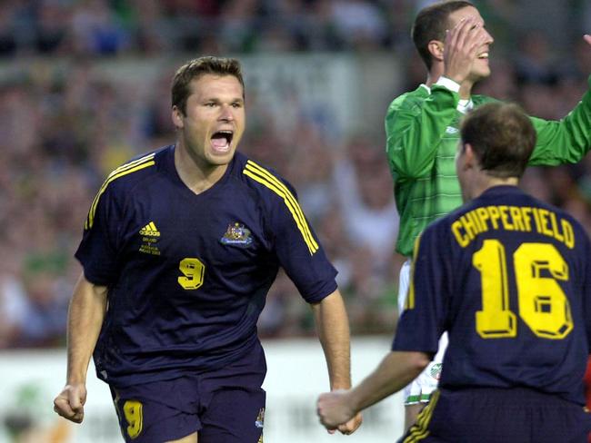 Master of the goalscoring arts Mark Viduka celebrates after netting against Ireland in 2003.