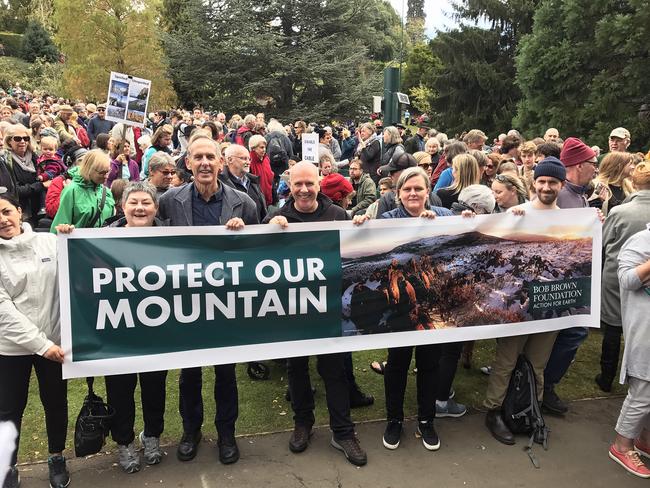 Thousands of demonstrators rally at Cascade Gardens on May 6, 2018 against the cable car up Mt Wellington. Picture: AAP/Ethan James