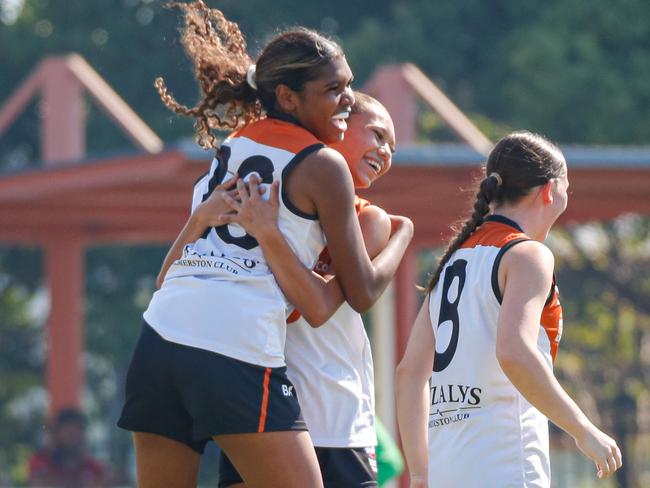 The Northern Territory under-18s girls side in their impressive curtain raiser win against Cairns. Picture: Celina Whan / AFLNT Media