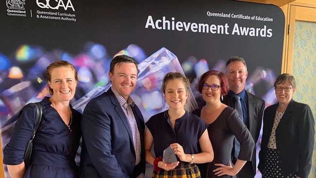 At the Queensland Certificate of Education (QCE) Achievement Awards are (from left) Whitney McCarthy, Shane Tooley, Downlands College graduate Zoe Hulme-Peake, Jo Tooley, Stephen Koch and Sue Weir.