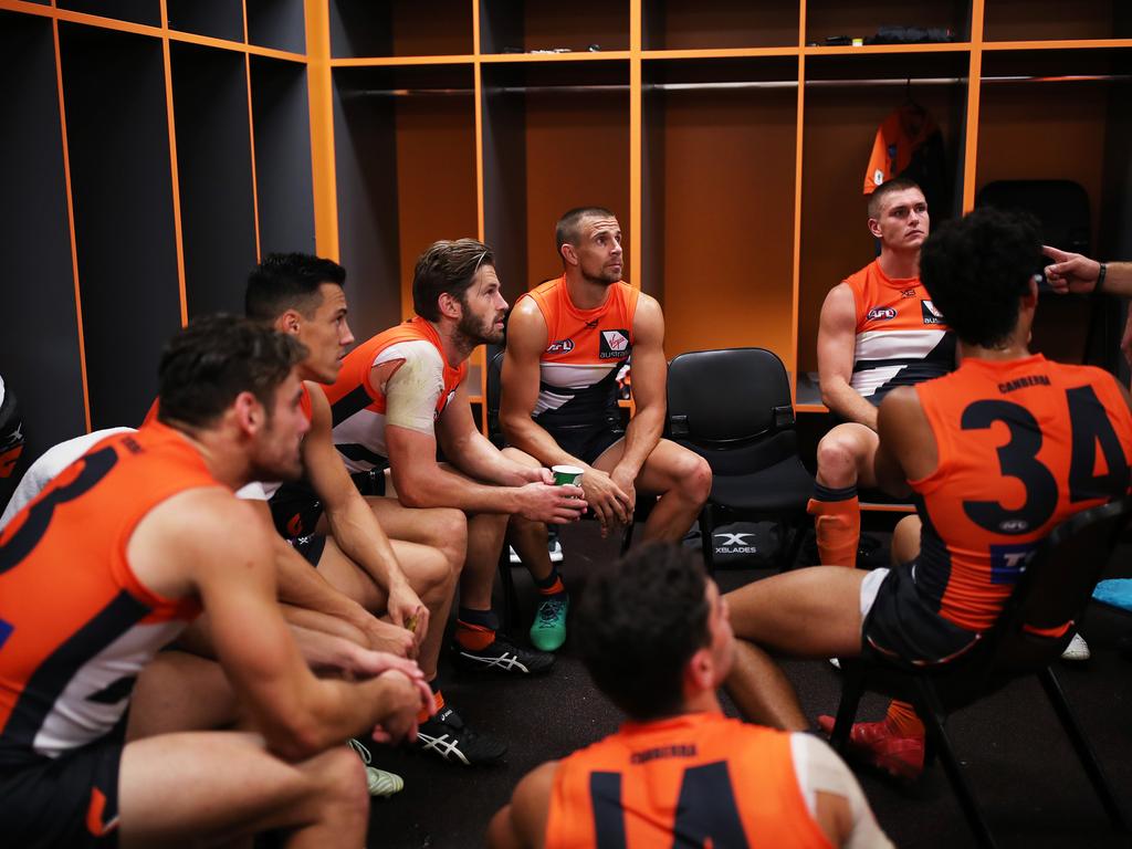 Half time and midfielders come together in a group to review the first half. Picture: Phil Hillyard