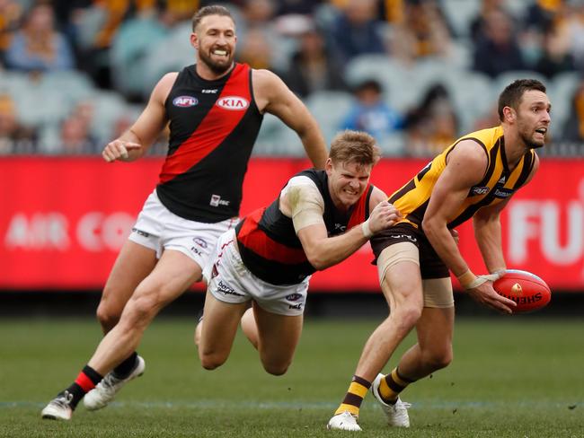 Can the Bombers out muscle St Kilda in Friday night’s showdown? Picture: Getty Images