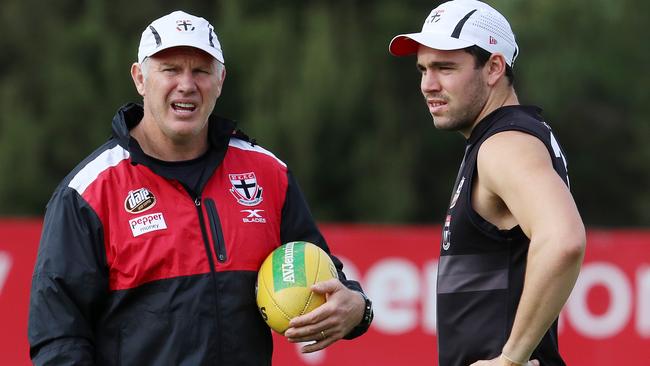 Paddy McCartin chats with assistant coach Danny Frawley. Picture: Michael Klein