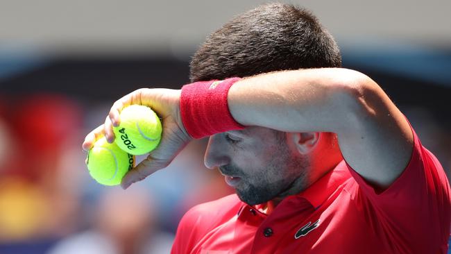 PERTH, AUSTRALIA - JANUARY 02: Novak Djokovic of Team Serbia looks on during the Men's singles match against  JiÃâ¢ÃÂ­ LeheÃÂka of the Czech Republic during day five of the 2024 United Cup at RAC Arena on January 02, 2024 in Perth, Australia. (Photo by Will Russell/Getty Images)