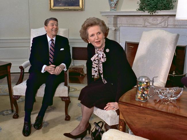 FILE - In this Feb. 20, 1985 file photo, former British Prime Minister Margaret Thatcher meets with her friend and political ally President Ronald Reagan during a visit to the White House in Washington. Thatcher, who led Britain for 11 years, died of a stroke Monday morning, April 8, 2013. (AP Photo/J. Scott Applewhite, file)