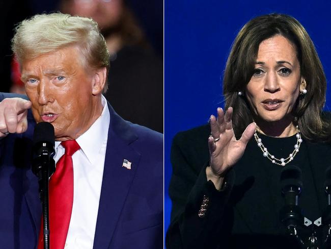 (COMBO) This combination of pictures created on November 04, 2024 shows Former US President and Republican presidential candidate Donald Trump (L) gestures as he speaks during a campaign rally at Van Andel Arena in Grand Rapids, Michigan on November 5, 2024, and US Vice President and Democratic presidential candidate Kamala Harris (R) speaks during a campaign rally on the Benjamin Franklin Parkway in Philadelphia, Pennsylvania on November 4, 2024. (Photo by KAMIL KRZACZYNSKI and ANGELA WEISS / AFP)