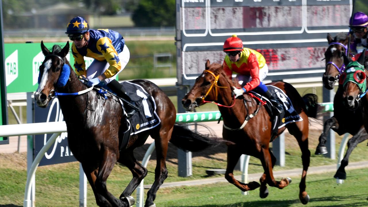 Finish of Race 2 at Cluden. Ryan Wiggins on Divine Wit win Klein Tools Maiden Plate. Picture: Evan Morgan