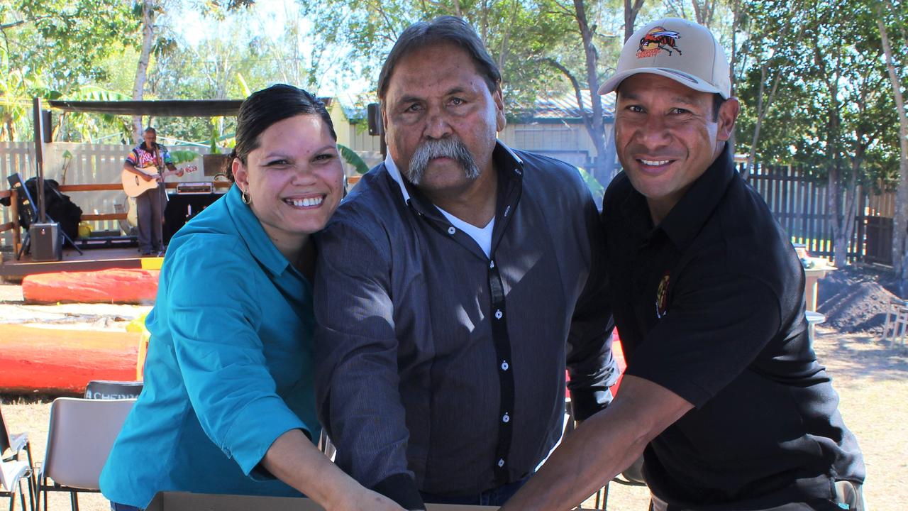 Uncle Bevan Costello (centre) with Nerrie Watson and Leon Abdul-Rahmah at the opening of the Muran Djan Centre.