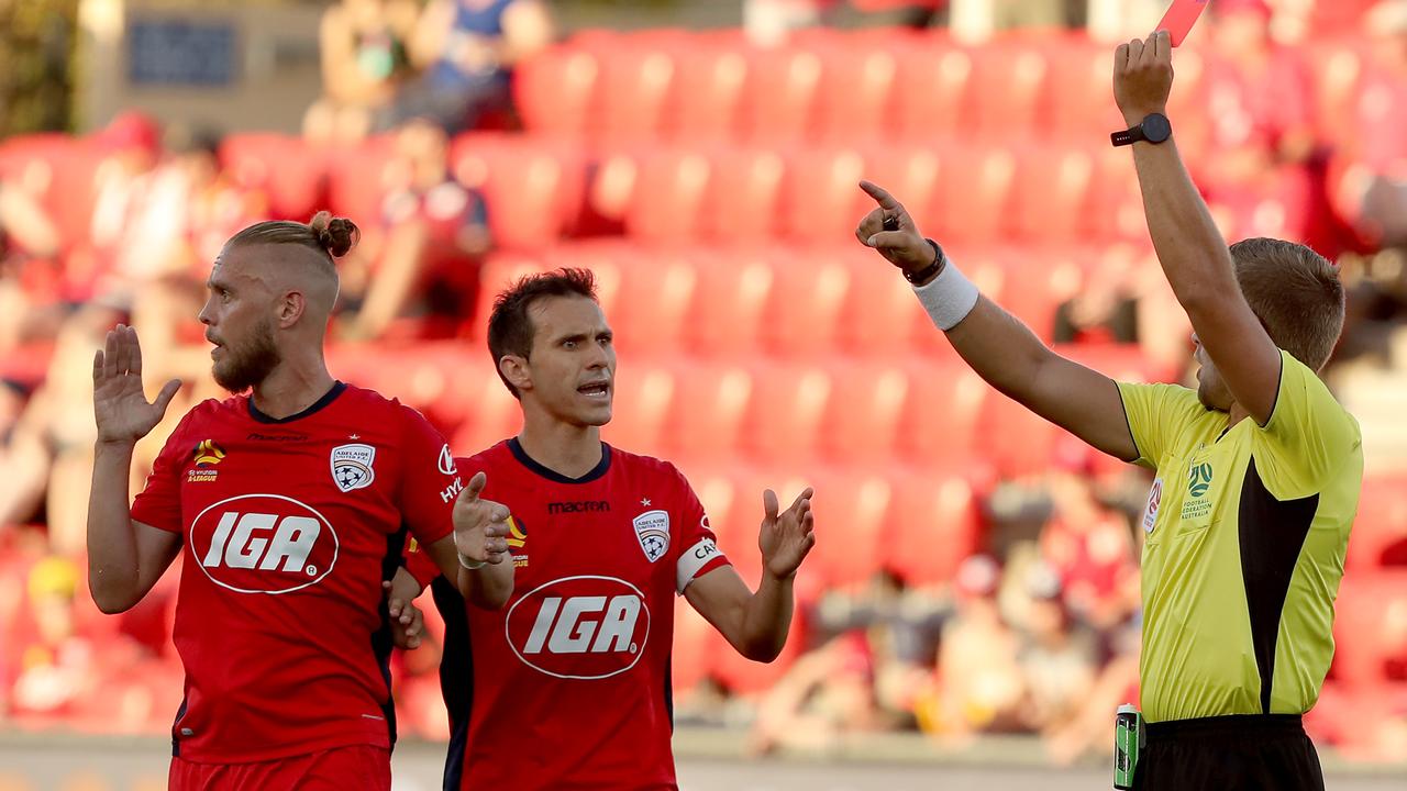 Ken Ilso was controversially sent off for Adelaide United in the 10th minute.
