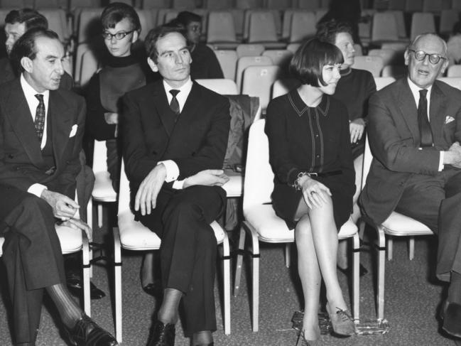 Pierre Cardin, second from left, in 1963 with Emilio Pucci, Mary Quant, and fashion authority James Laver. Picture: Getty Images