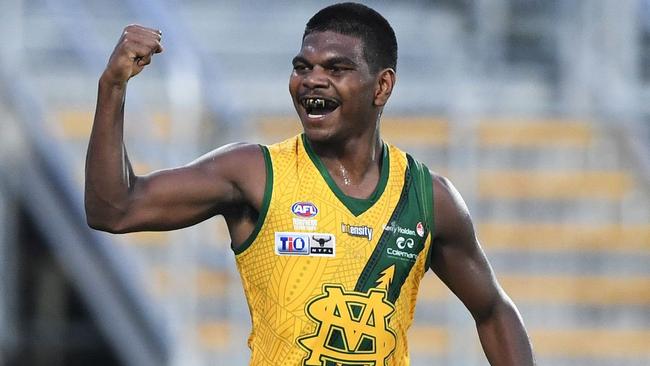 New AFL Tiger Maurice Rioli in the familiar green and gold of NTFL club St Mary's. Picture: Felicity Elliott AFLNT/Media.