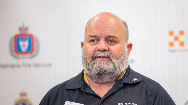 Meteorologist from the Bureau of Meteorology, Michael Conway talks to media about the weather event on Saturday evening. Picture: Linda Higginson