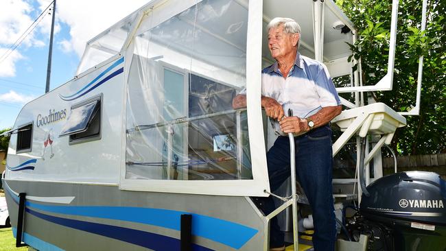 Al Toombs with his trailable house boat which he built himself is now up for sale. Picture: Shae Beplate.