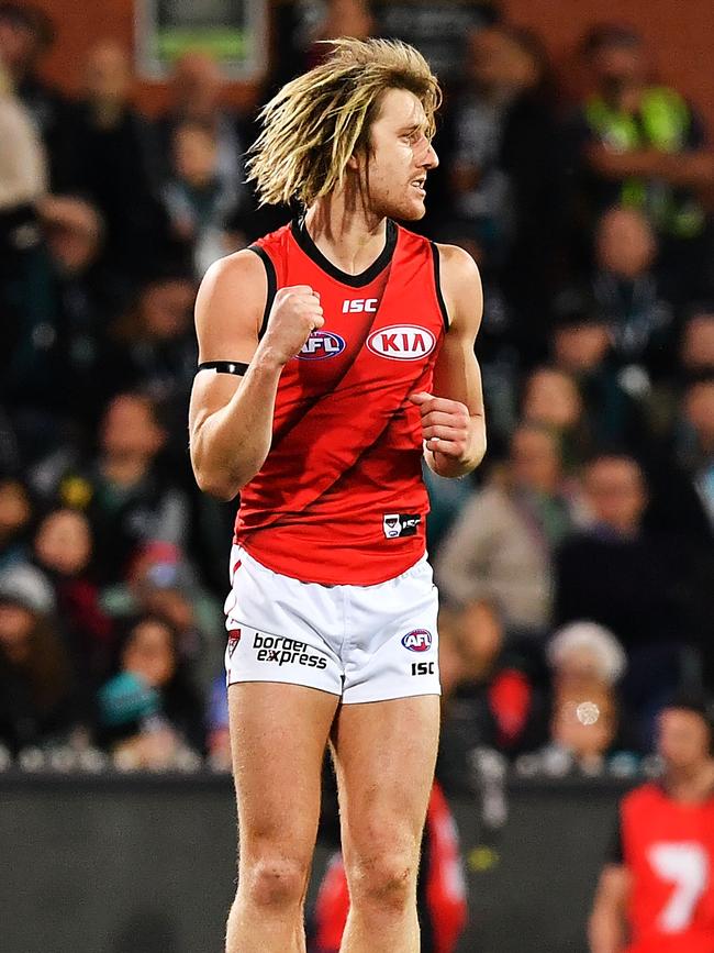 Essendon captain Dyson Heppell celebrates a goal. Picture: Mark Brake/Getty Images.