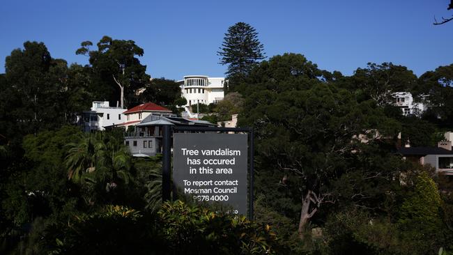 Mosman Council has built a huge anti-tree vandalism sign in Julian St to ward off tree vandals in the area of Joel’s Reserve and residents are upset about the sign. Council would remove the sign if it received information from the public about the tree vandals. Picture: Virginia Young