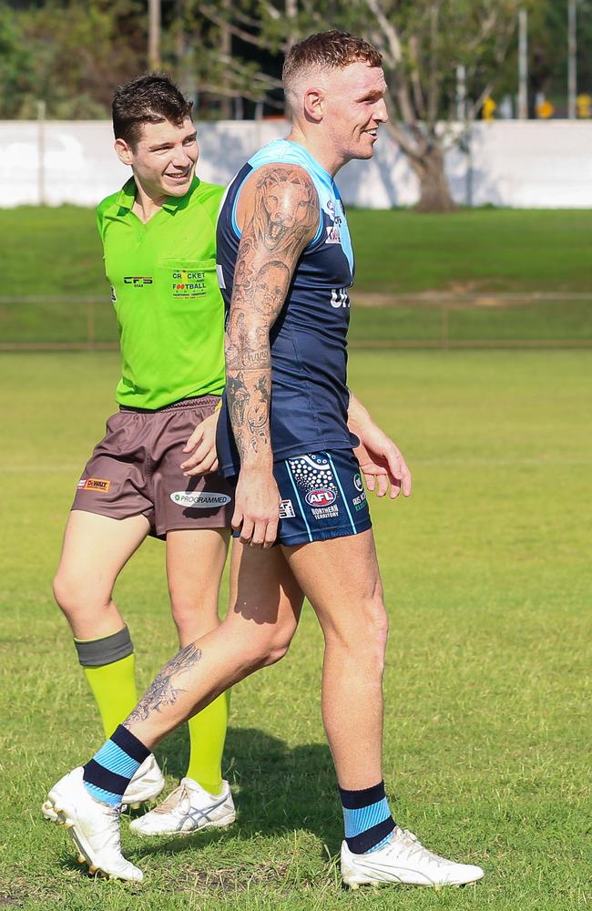 Mitch Robinson has been charged for using an obscene gesture. Picture: Celina Whan / AFLNT Media.