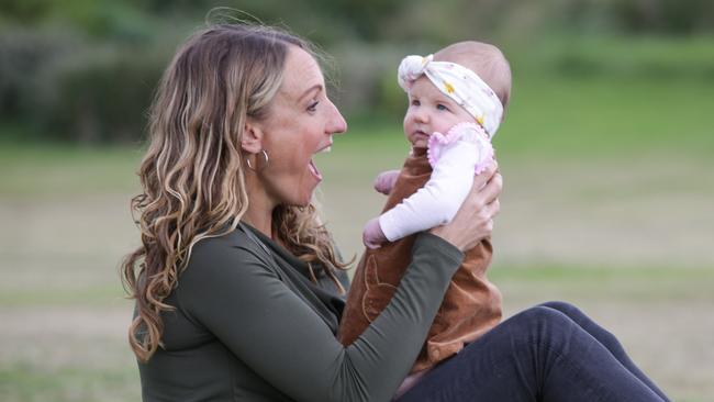 Erin Sullivan, who fell pregnant on her first cycle using Genea’s Geri system, with her daughter Aspen, 3 months. Picture: Liam Driver