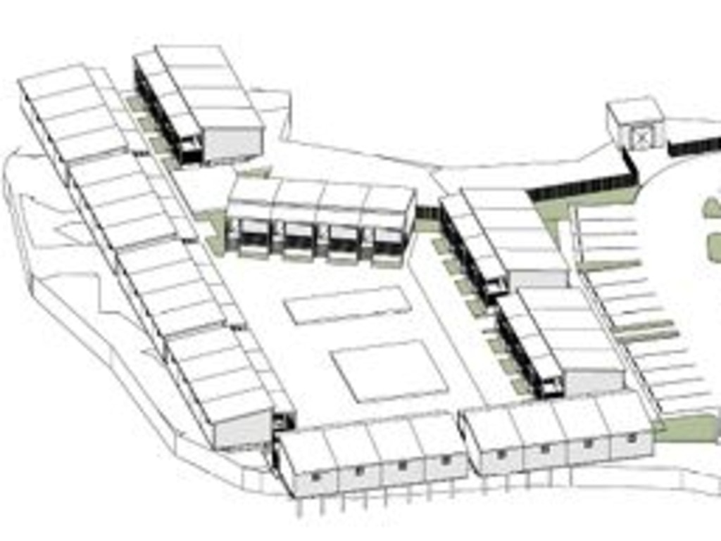 The cabins will be built around a communal area featuring a pool and large jumping pillow.
